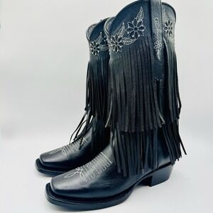 Rock'Em Barbas Frontier Fringe Boots Women's Size 8.5 Black Brown Leather
